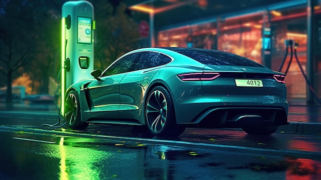 Coche eléctrico cargando en la ilustración de la estación Vehículo EV brillante de neón verde llenando una batería Ai generativo híbrido moderno