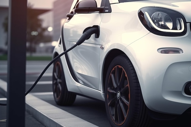 Coche eléctrico enchufado en la estación de carga Coche híbrido Ev Vehículo eléctrico Ai generativo