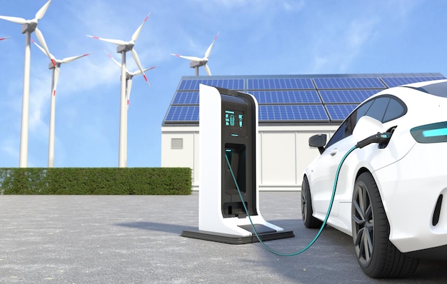 El coche eléctrico está cargando la batería en la estación de carga Ev