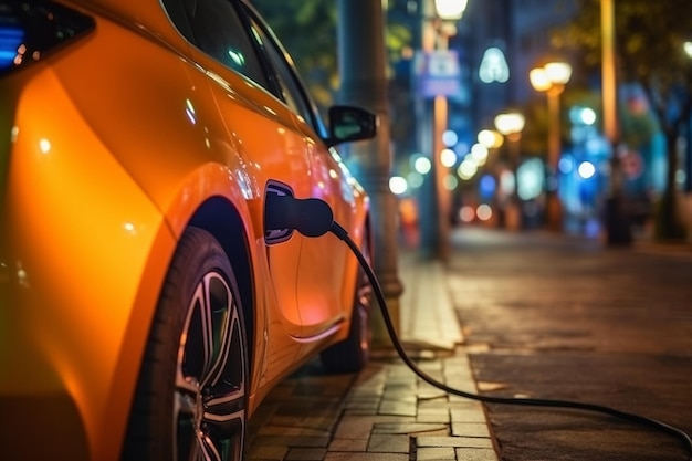 Un coche eléctrico está conectado a una estación de carga.