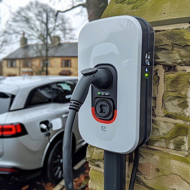 un coche eléctrico está conectado a una pared con una toma de energía