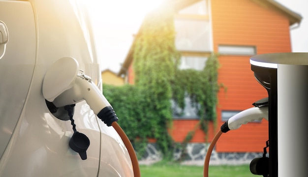 Coche eléctrico con estación de carga en la casa de campo.