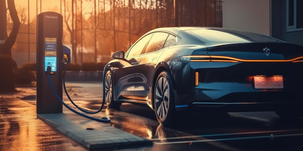 Coche eléctrico EV cargando la batería en la estación de carga