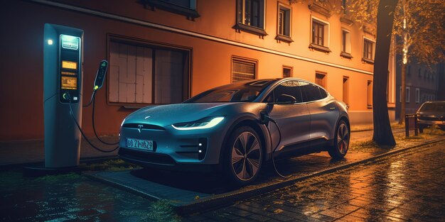 Coche eléctrico EV cargando la batería en la estación de carga