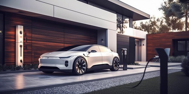 Coche eléctrico EV cargando la batería en la estación de carga