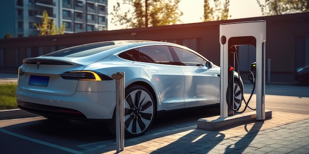 Coche eléctrico EV cargando la batería en la estación de carga