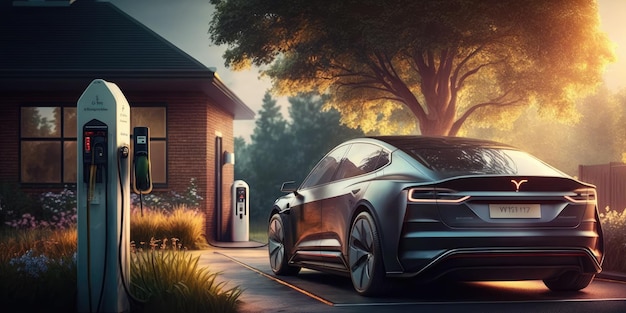 Coche eléctrico EV cargando la batería en la estación de carga