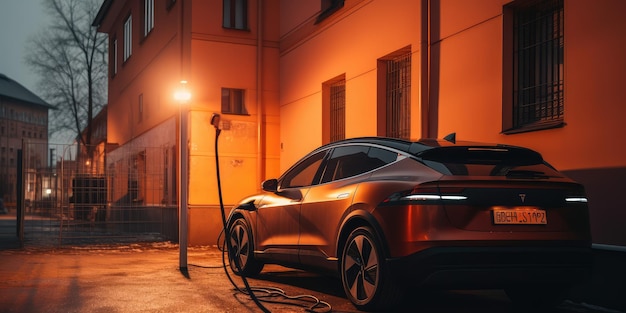 Coche eléctrico EV cargando la batería en la estación de carga