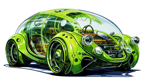 un coche eléctrico futurista verde está sobre un fondo gris IA generativa