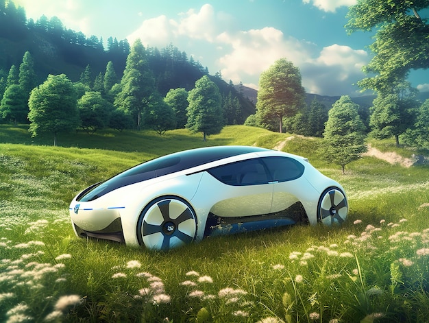 coche eléctrico en un hermoso parque tecnología respetuosa con el medio ambiente generada por ai
