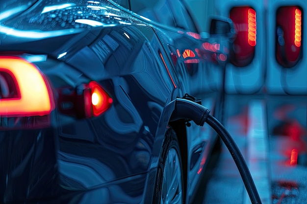 El coche eléctrico más nuevo está siendo cargado en la estación de carga