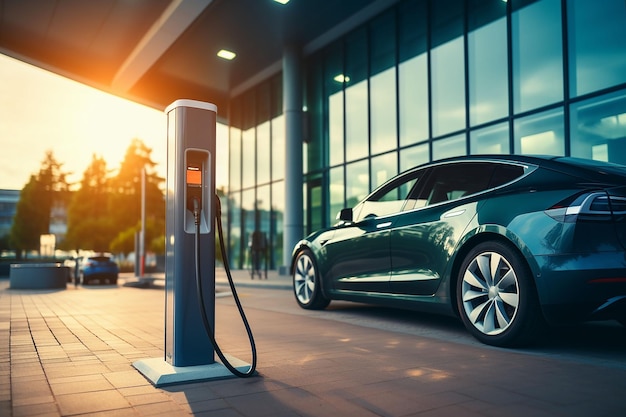 Coche eléctrico en una mini estación de carga