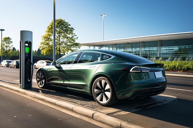 Coche eléctrico en una mini estación de carga