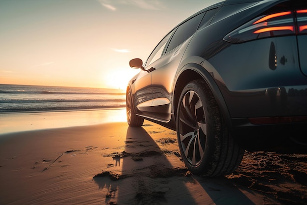 Coche eléctrico moderno parado en la playa cerca del océano en el atardecer generativo ai