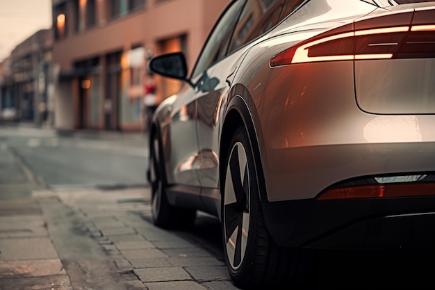 un coche eléctrico moderno visto desde atrás estacionado en la zona de bajas emisiones de una ciudad