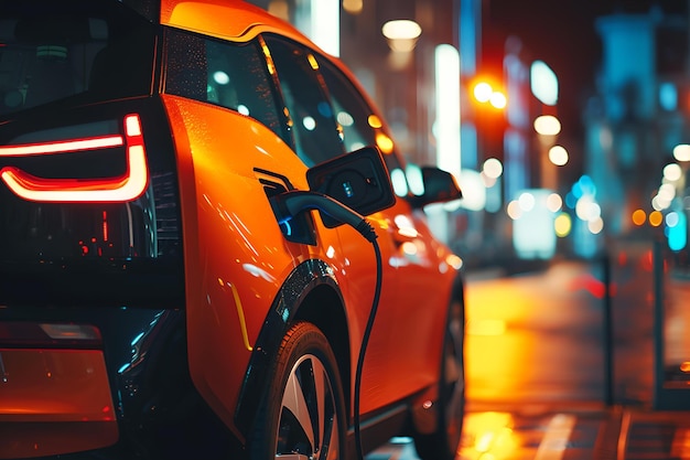 Coche eléctrico naranja cargando en una calle de la ciudad por la noche transporte urbano ecológico diseño de vehículo eléctrico moderno y elegante IA