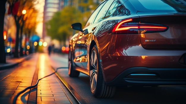 Coche eléctrico o vehículo eléctrico en la estación de carga con el cable de alimentación enchufado