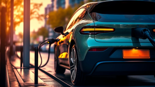 coche eléctrico o vehículo eléctrico en una estación de carga con suministro de energía concepto de energía sostenible ecológico coche híbrido IA generativa