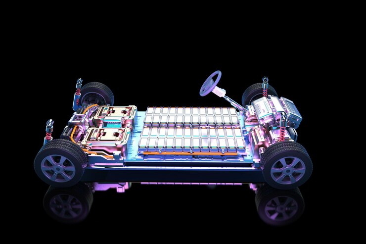 Foto coche eléctrico con pack de módulo de pilas de batería sobre plataforma