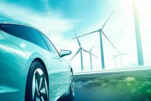 Foto el coche eléctrico pasa por delante de los molinos de viento en la carretera