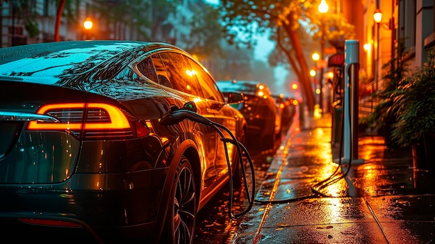 Foto el coche eléctrico se recarga en una estación de carga de vehículos eléctricos