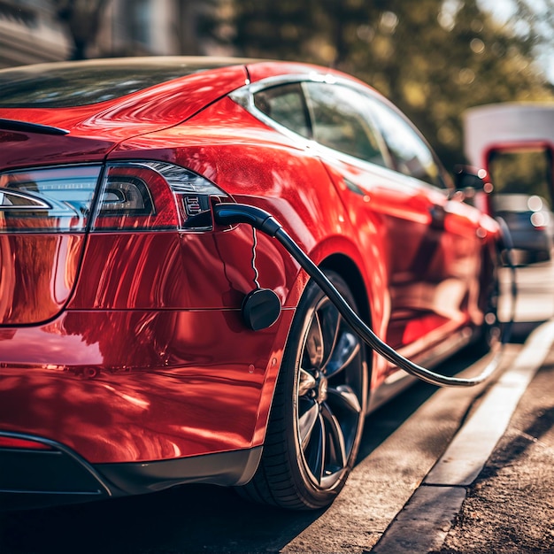 Foto el coche eléctrico se recarga en una estación de carga de vehículos eléctricos