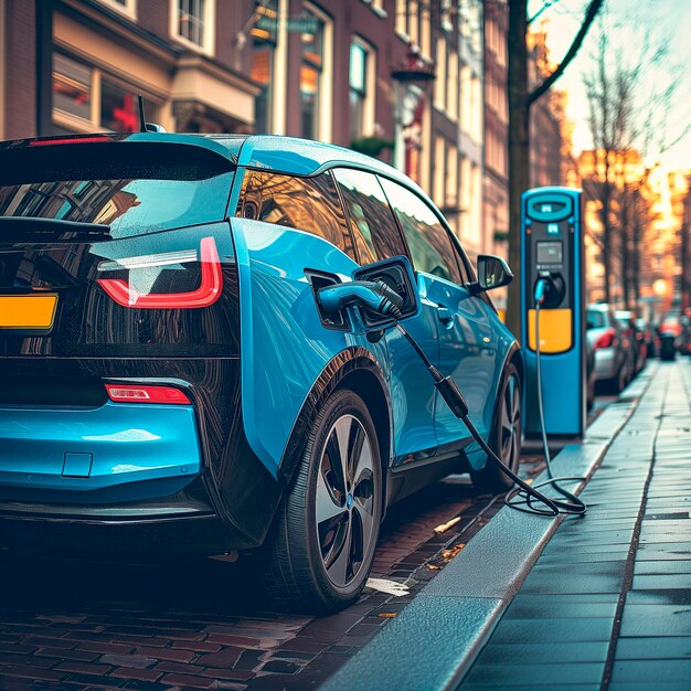 Foto el coche eléctrico se recarga en una estación de carga de vehículos eléctricos