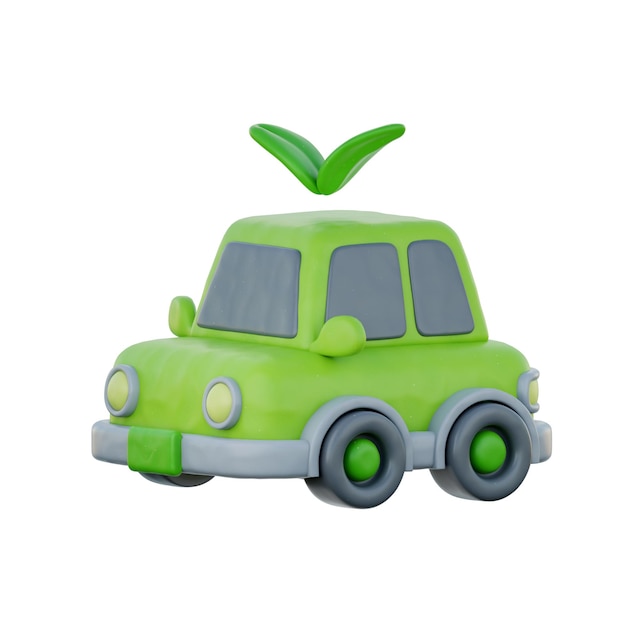 Coche eléctrico verde 3d Energía limpia Energía alternativa ambiental Estilo de dibujos animados Representación 3d