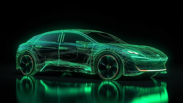 Foto coche eléctrico verde sobre fondo negro líneas de carga karkaz abstracción