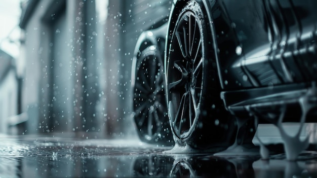 Coche elegante bajo un chorro dinámico de agua en una carretera urbana húmeda