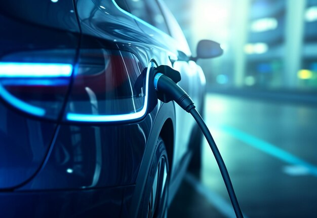 un coche enchufado a una estación de carga con una luz azul.