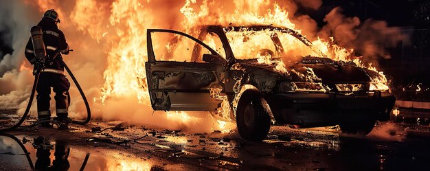 Foto el coche envuelto en llamas después de un violento choque los bomberos trabajan rápidamente para extinguir el fuego