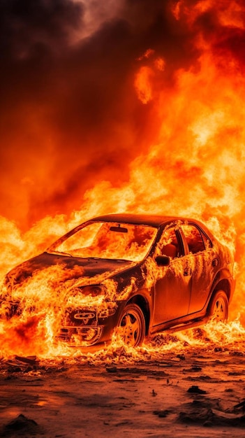 Foto un coche está envuelto en llamas en una playa