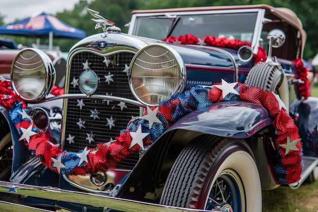 Un coche de época decorado para una celebración patriótica en un espectáculo al aire libre