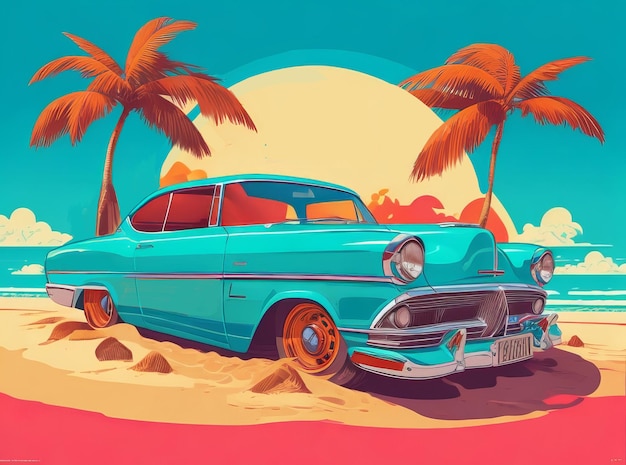 Foto coche de época en el estilo retro de la playa