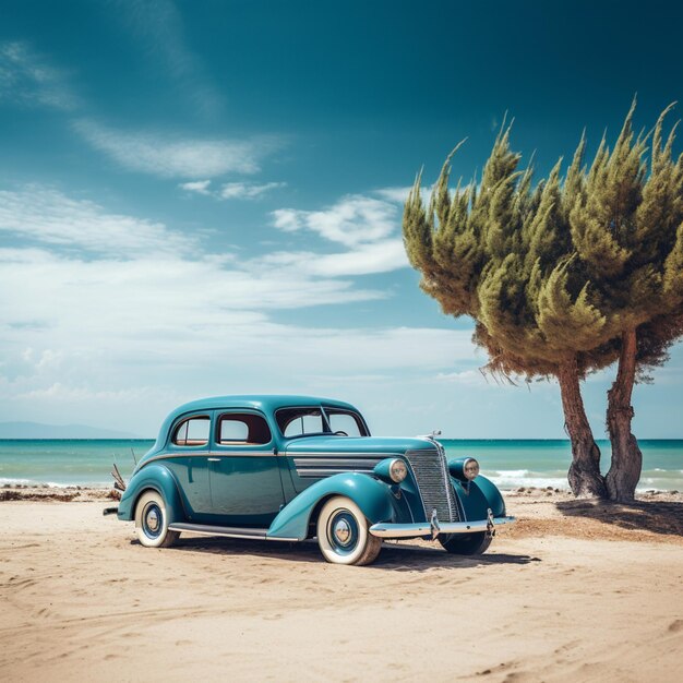 Foto coche de época en la playa