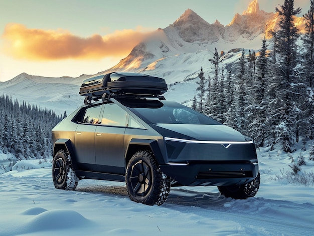 Foto un coche con el equipaje atado al techo en la nieve