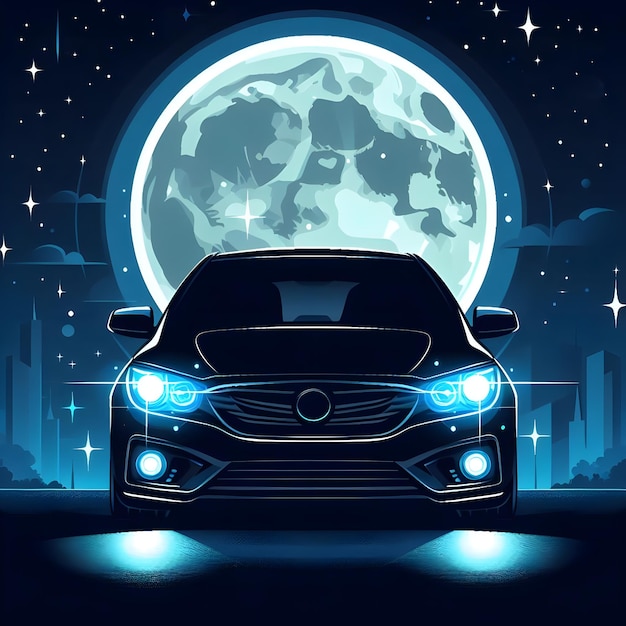 Foto el coche es negro con faros azules y por encima de la luna