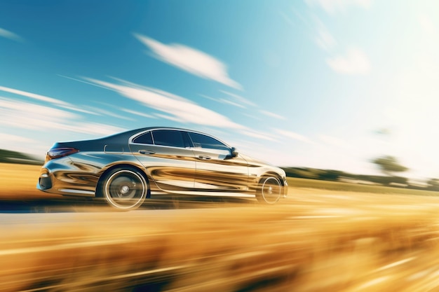 El coche está conduciendo en una carretera de campo con efecto de borrón de movimiento El coche moderno se mueve a alta velocidad en el paisaje natural