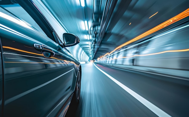 Un coche está conduciendo por un túnel con sus faros encendidos