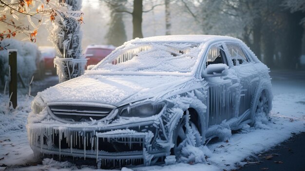 El coche está cubierto de hielo y nieve foto de alta calidad