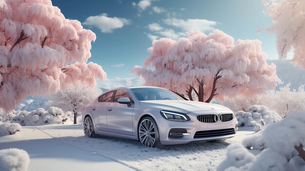 El coche está estacionado en la nieve y el paisaje cubierto de nieve