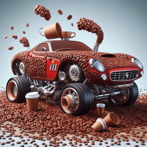 El coche está hecho de granos de café coche lindo creativo