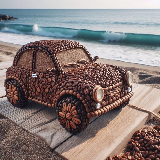 El coche está hecho de granos de café en la orilla del mar coche lindo creativo