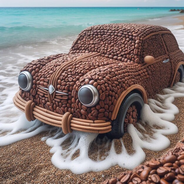 El coche está hecho de granos de café en la orilla del mar coche lindo creativo