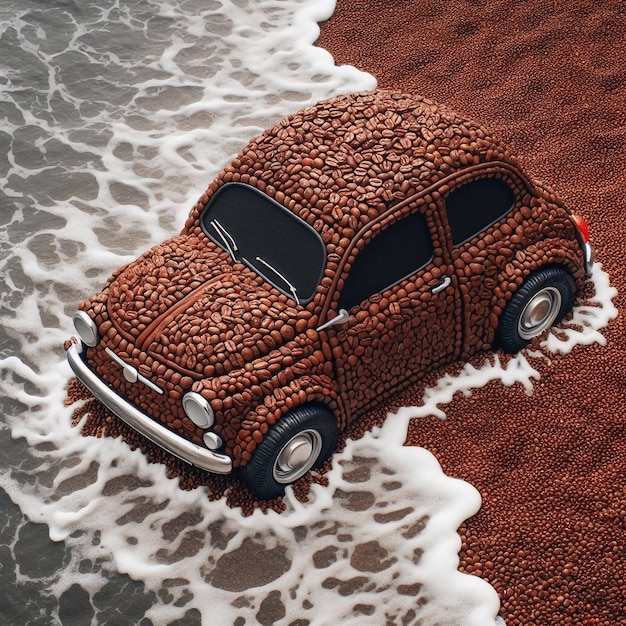 El coche está hecho de granos de café en la orilla del mar coche lindo creativo