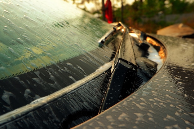 coche está limpiando al atardecer