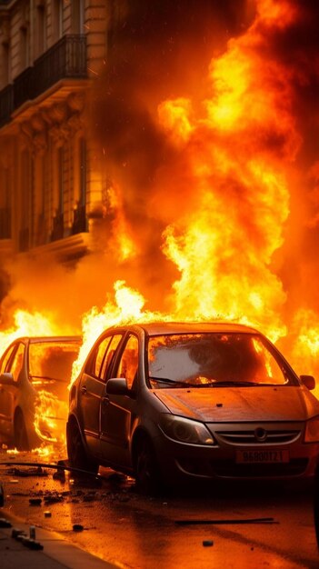 un coche está en llamas en la calle