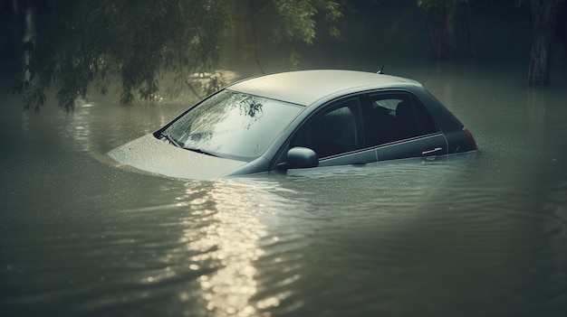 El coche está sumergido en el agua.