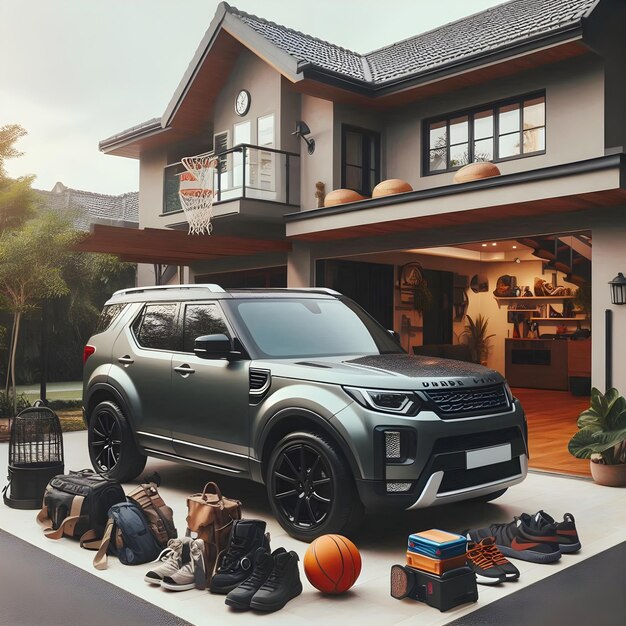 Foto un coche está estacionado frente a una casa con un cartel que dice camper